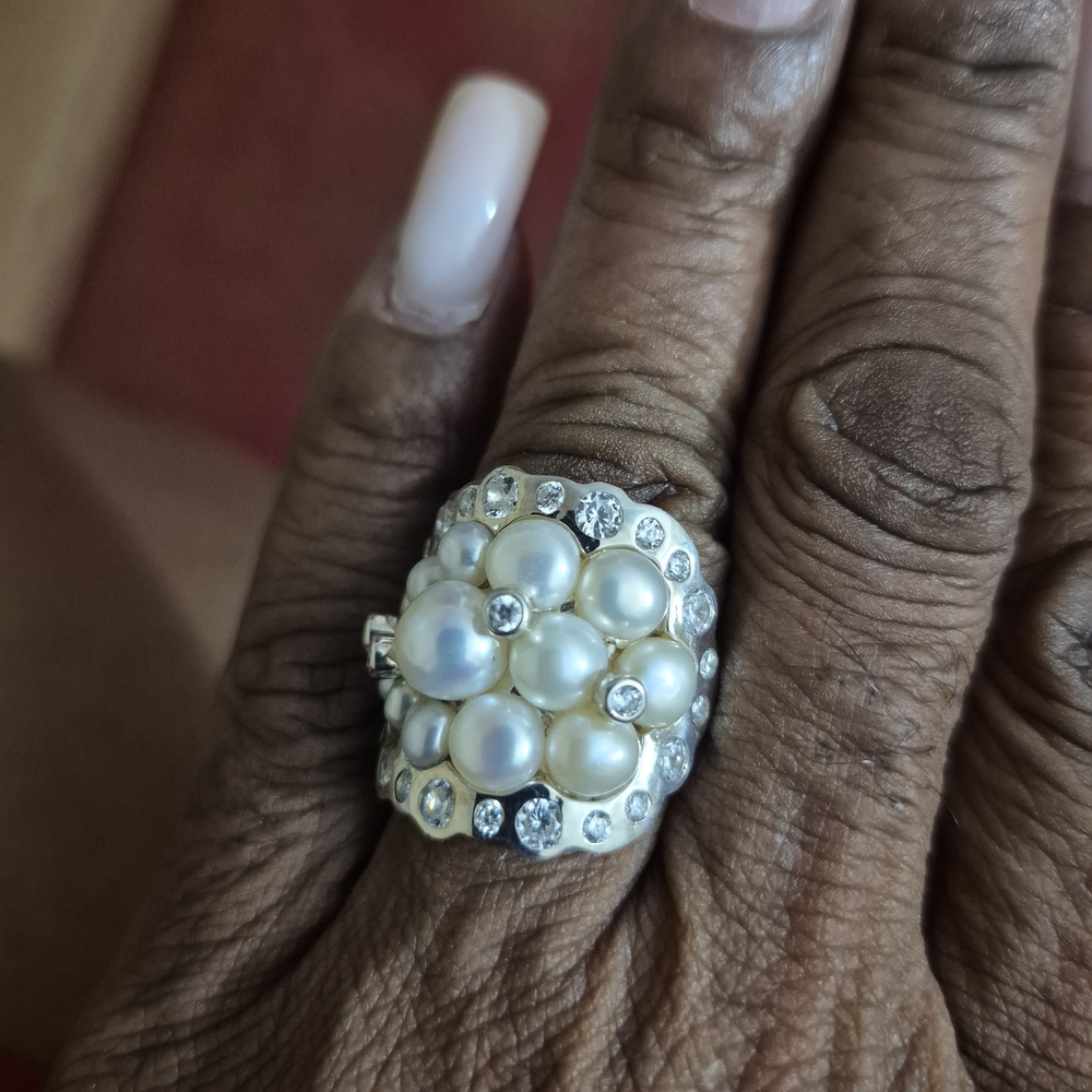 Lustrous Pearls With White Sapphires In 950 Sterling Silver Cluster Ring